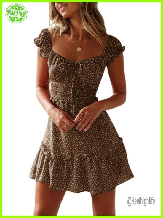Dresses & Skirts - Polyester Ruffle Sleeve Sweetheart Mini Dress - Summer Casual Boho